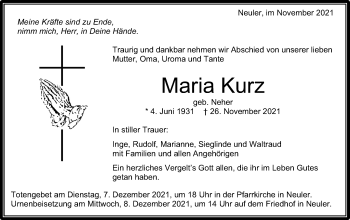 Traueranzeige von Maria Kurz von Schwäbische Post