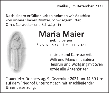 Traueranzeige von Maria Maier von Schwäbische Post