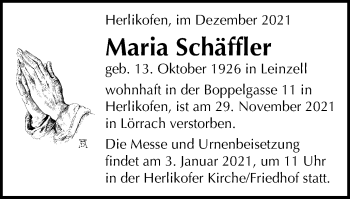 Traueranzeige von Maria Schäffler  von Gmünder Tagespost