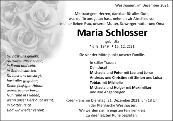 Traueranzeige von Maria Schlosser von Schwäbische Post