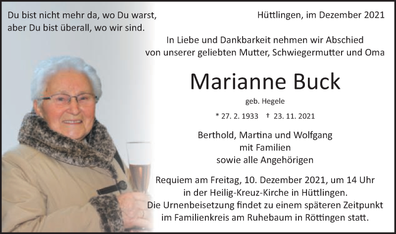  Traueranzeige für Marianne Buck vom 07.12.2021 aus Schwäbische Post