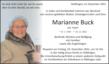 Traueranzeige von Marianne Buck von Schwäbische Post