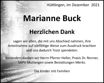 Traueranzeige von Marianne Buck von Schwäbische Post