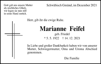 Traueranzeige von Marianne Feifel von Gmünder Tagespost