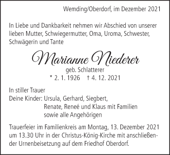 Traueranzeige von Marianne Niederer von Schwäbische Post