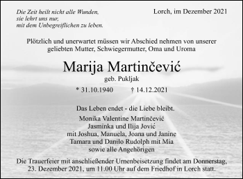 Traueranzeige von Marija Martincevic von Gmünder Tagespost
