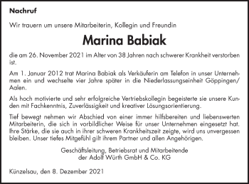 Traueranzeige von Marina Babiak von Schwäbische Post