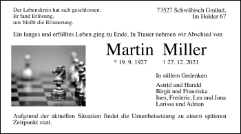 Traueranzeige von Martin Miller von Gmünder Tagespost