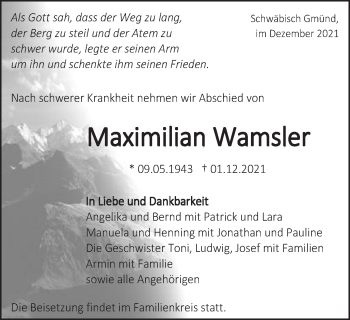 Traueranzeige von Maximilian Wamsler von Gmünder Tagespost