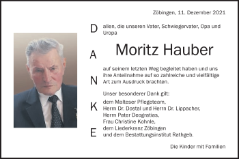 Traueranzeige von Moritz Hauber von Schwäbische Post