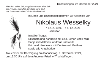 Traueranzeige von Nikolaus Wesselky von Schwäbische Post