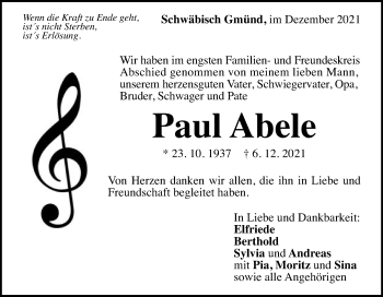 Traueranzeige von Paul Abele von Gmünder Tagespost