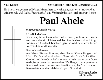 Traueranzeige von Paul Abele von Gmünder Tagespost