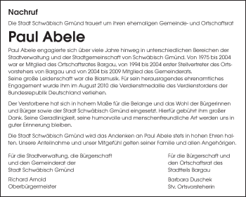 Traueranzeige von Paul Abele von Gmünder Tagespost