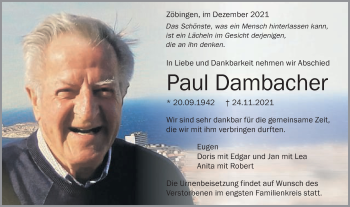 Traueranzeige von Paul Dambacher von Schwäbische Post
