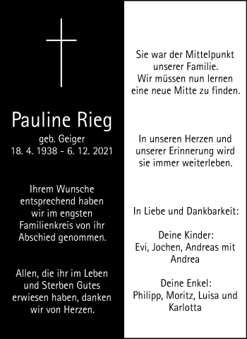 Traueranzeige von Pauline Rieg