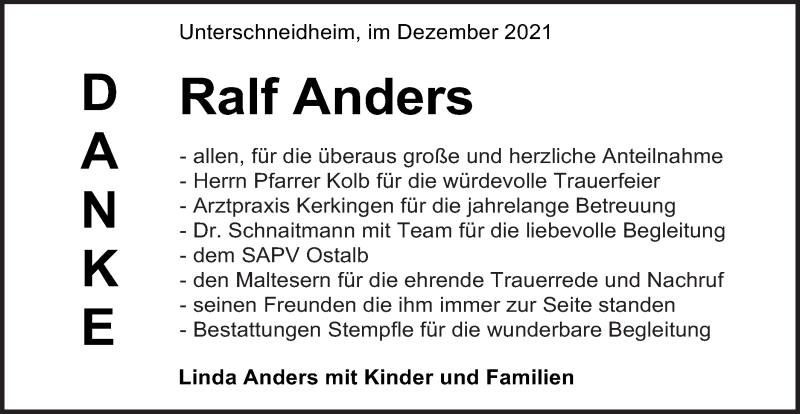  Traueranzeige für Ralf Anders vom 03.12.2021 aus Schwäbische Post