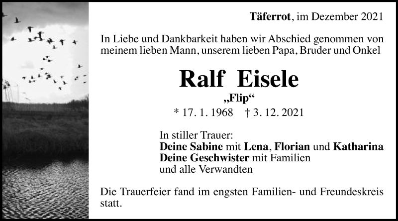  Traueranzeige für Ralf Eisele vom 17.12.2021 aus Gmünder Tagespost