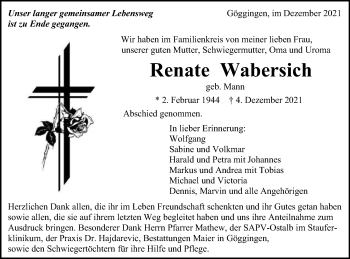 Traueranzeige von Renate Wabersich von Gmünder Tagespost