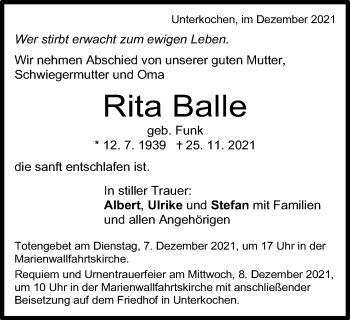 Traueranzeige von Rita Balle von Schwäbische Post