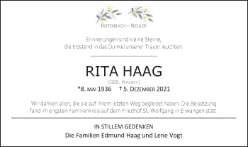 Traueranzeige von Rita Haag von Schwäbische Post
