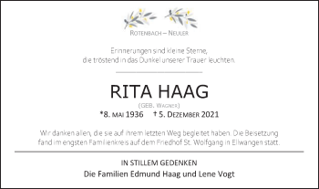 Traueranzeige von Rita Haag