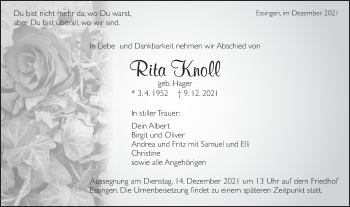 Traueranzeige von Rita Knoll von Schwäbische Post