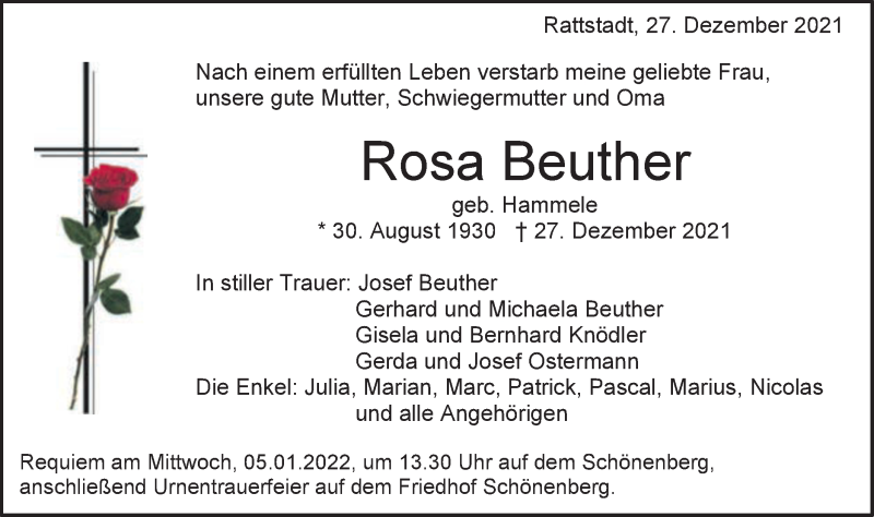  Traueranzeige für Rosa Beuther vom 31.12.2021 aus Schwäbische Post