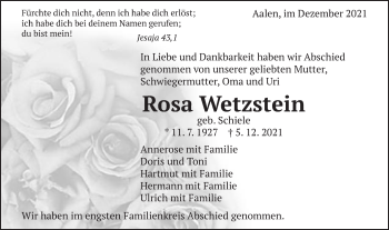 Traueranzeige von Rosa Wetzstein von Schwäbische Post