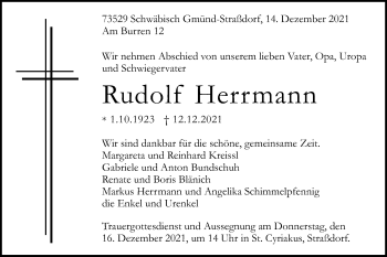 Traueranzeige von Rudolf Herrmann von Gmünder Tagespost