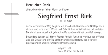 Traueranzeige von Siegfried Ernst Riek von Schwäbische Post