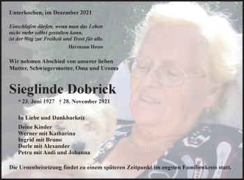 Traueranzeige von Sieglinde Dobrick von Schwäbische Post