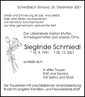 Traueranzeige von Sieglinde Schmiedl von Gmünder Tagespost