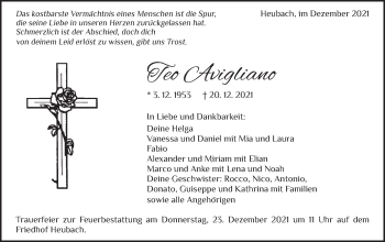 Traueranzeige von Teo Avigliano von Gmünder Tagespost