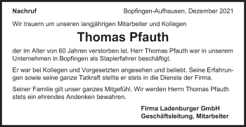 Traueranzeige von Thomas Pfauth von Schwäbische Post