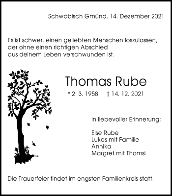 Traueranzeige von Thomas Rube von Gmünder Tagespost
