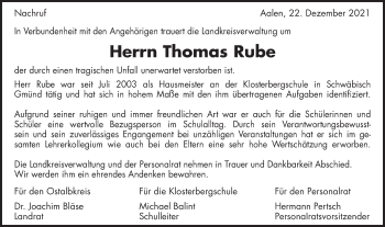 Traueranzeige von Thomas Rube von Gmünder Tagespost
