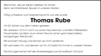 Traueranzeige von Thomas Rube von Gmünder Tagespost