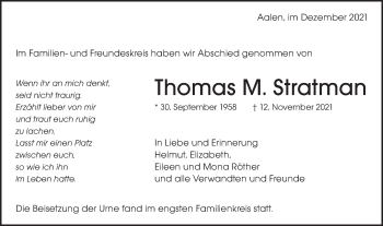 Traueranzeige von Thomas M. Stratman von Schwäbische Post