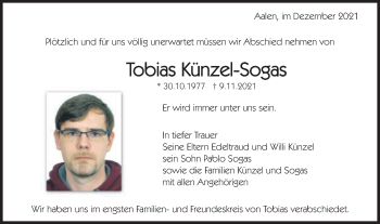 Traueranzeige von Tobias Künzel-Sogas von Schwäbische Post
