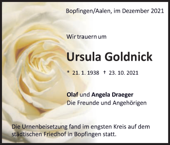 Traueranzeige von Ursula Goldnick von Schwäbische Post