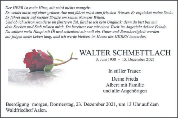 Traueranzeige von Walter Schmettlach von Schwäbische Post