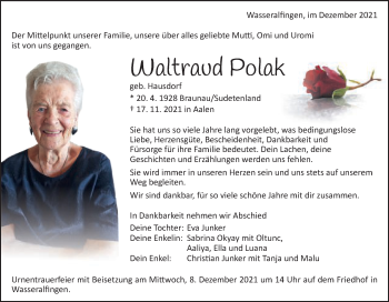Traueranzeige von Waltraud Polak von Schwäbische Post