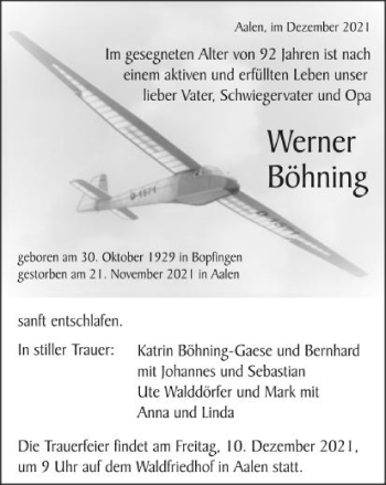 Traueranzeige von Werner Böhning von Amtsblatt_Oko