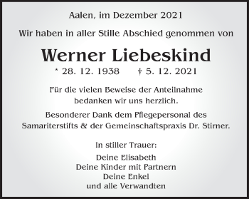 Traueranzeige von Werner Liebeskind von Schwäbische Post