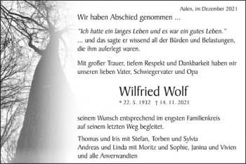 Traueranzeige von Wilfried Wolf von Schwäbische Post