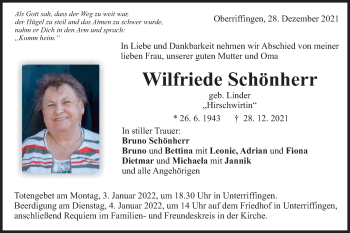 Traueranzeige von Wilfriede Schönherr von Schwäbische Post