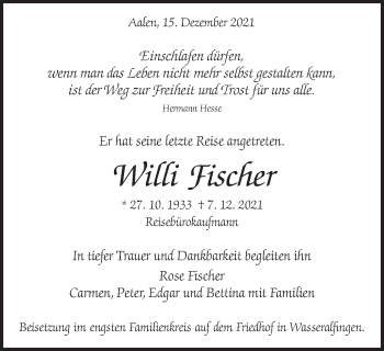 Traueranzeige von Willi Fischer von Schwäbische Post