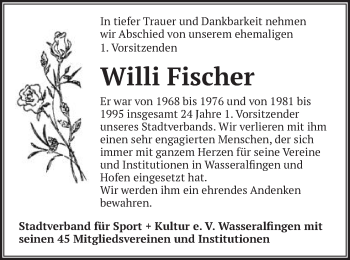 Traueranzeige von Willi Fischer von Schwäbische Post