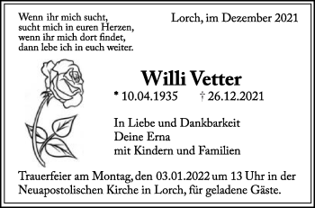 Traueranzeige von Willi Vetter von Gmünder Tagespost